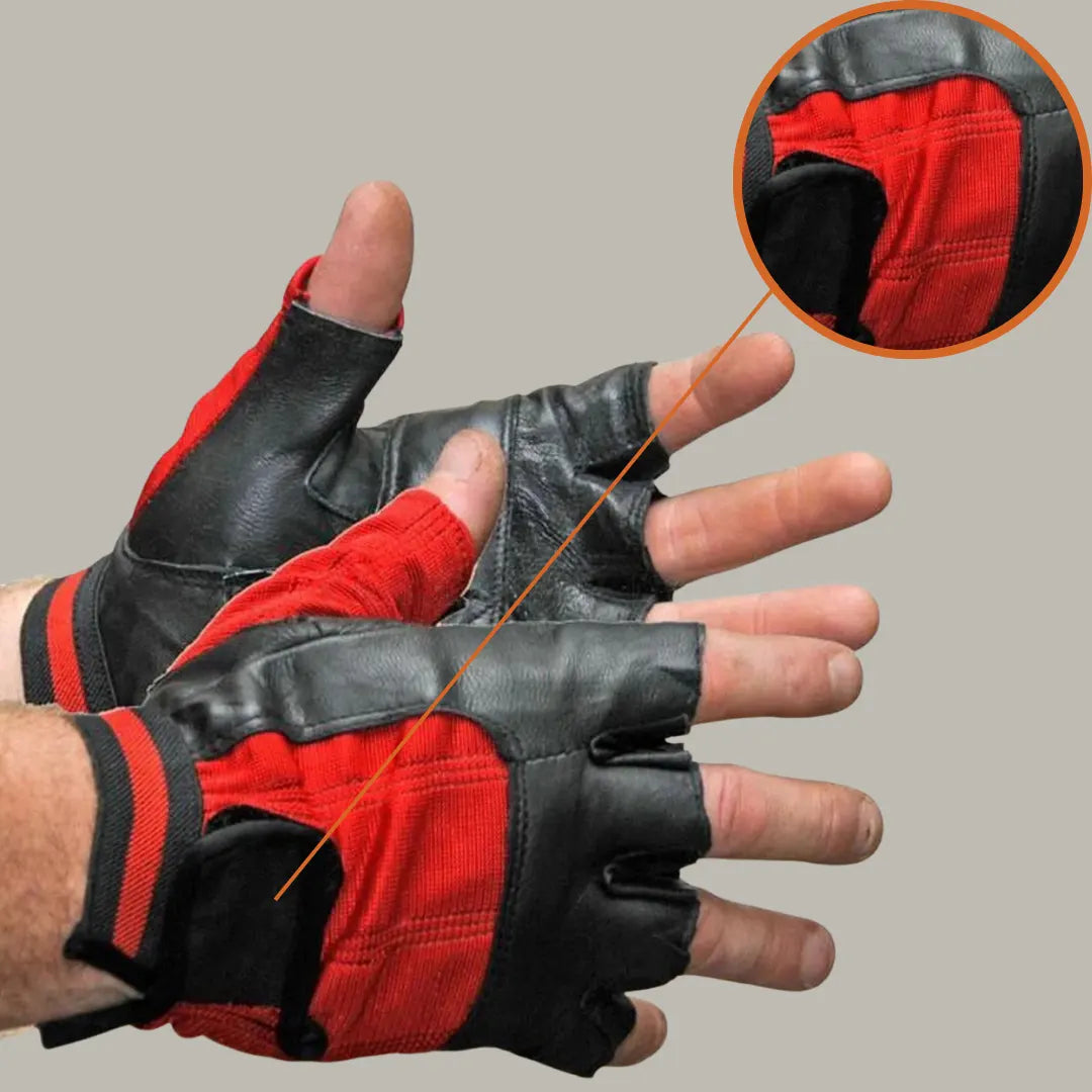 Men’s red and black fingerless leather motorcycle gloves with breathable mesh and padded grip