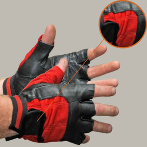 Men’s red and black fingerless leather motorcycle gloves with breathable mesh and padded grip