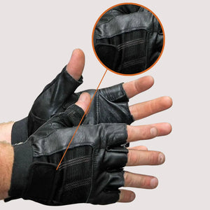 Black fingerless leather motorcycle gloves for men with padded palm and secure wrist strap