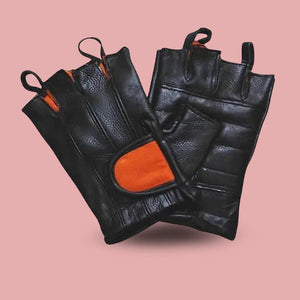 VL430 men’s fingerless leather gloves by MG with black and orange padded palm, pull tabs, and breathable shorty design