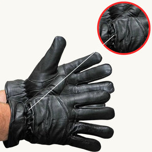 VL444 men's black leather gloves with a lightweight lining, highlighted by a distinctive red circle.

