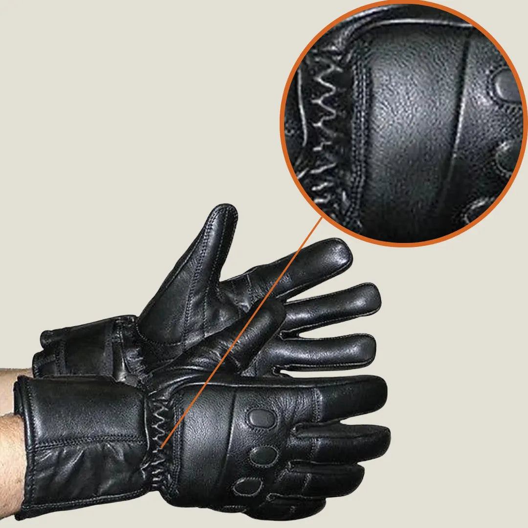 MG VL445 men’s black leather motorcycle gloves with padded knuckles, insulated lining, and extended gauntlet cuff for cold weather protection