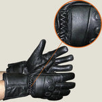 MG VL445 men’s black leather motorcycle gloves with padded knuckles, insulated lining, and extended gauntlet cuff for cold weather protection
