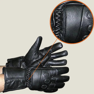 MG VL445 men’s black leather motorcycle gloves with padded knuckles, insulated lining, and extended gauntlet cuff for cold weather protection