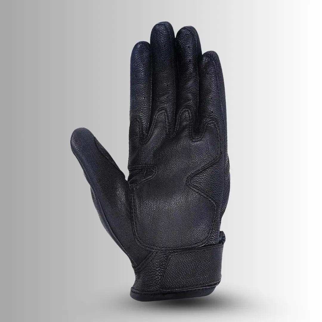 front view of women’s black leather armored riding glove with touchscreen compatibility – MG-VL474