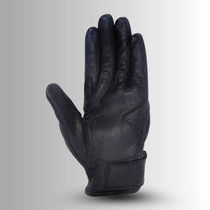 front view of women’s black leather armored riding glove with touchscreen compatibility – MG-VL474