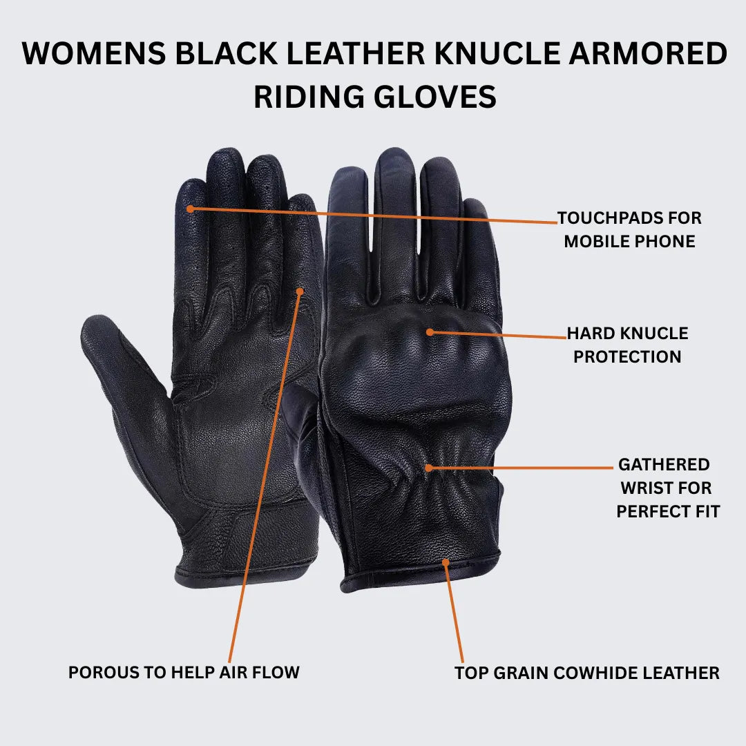 Features of women’s black leather knuckle armored riding gloves – touchscreen, knuckle protection, wrist grip – MG-VL474