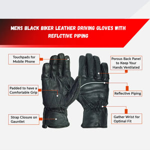 Rear view of MG VL476 leather driving gloves featuring strap closure, sewn wind-sealing elastic, and padded palm, touch pads, for mobile, reflective piping, gather wrist for optimal, 