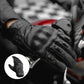 Men's premium leather perforated motorcycle gloves worn on hand, adjusting motorcycle handlebars with knuckle protection and touchscreen capability