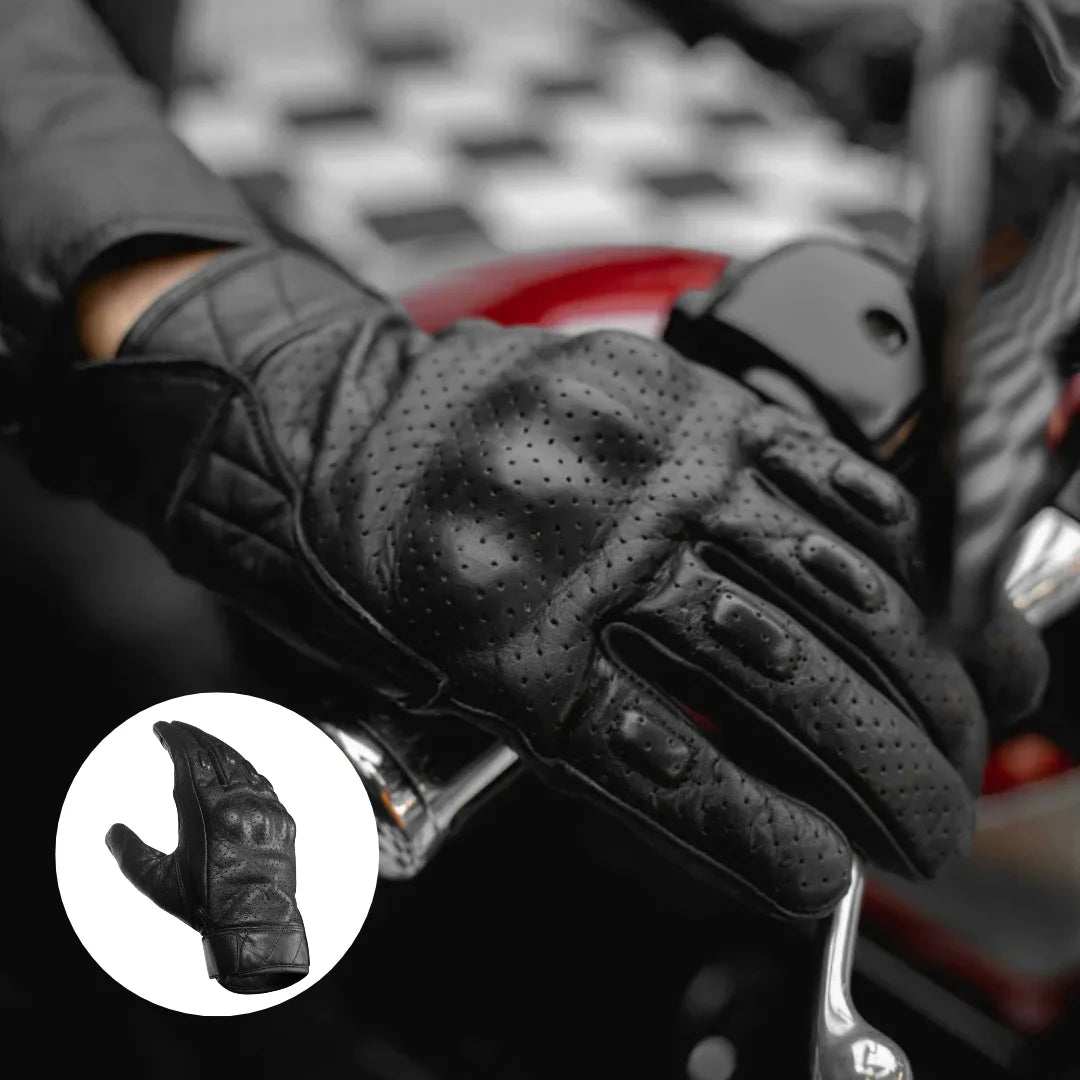 Men's premium leather perforated motorcycle gloves worn on hand, adjusting motorcycle handlebars with knuckle protection and touchscreen capability