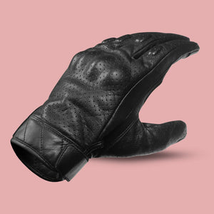 Men's premium black leather perforated cruiser gloves with knuckle protection, designed for comfort, durability, and touchscreen use.