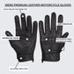Infographic showing features of men's premium leather perforated motorcycle gloves, highlighting knuckle protection, gel padding, and touchscreen fingertips