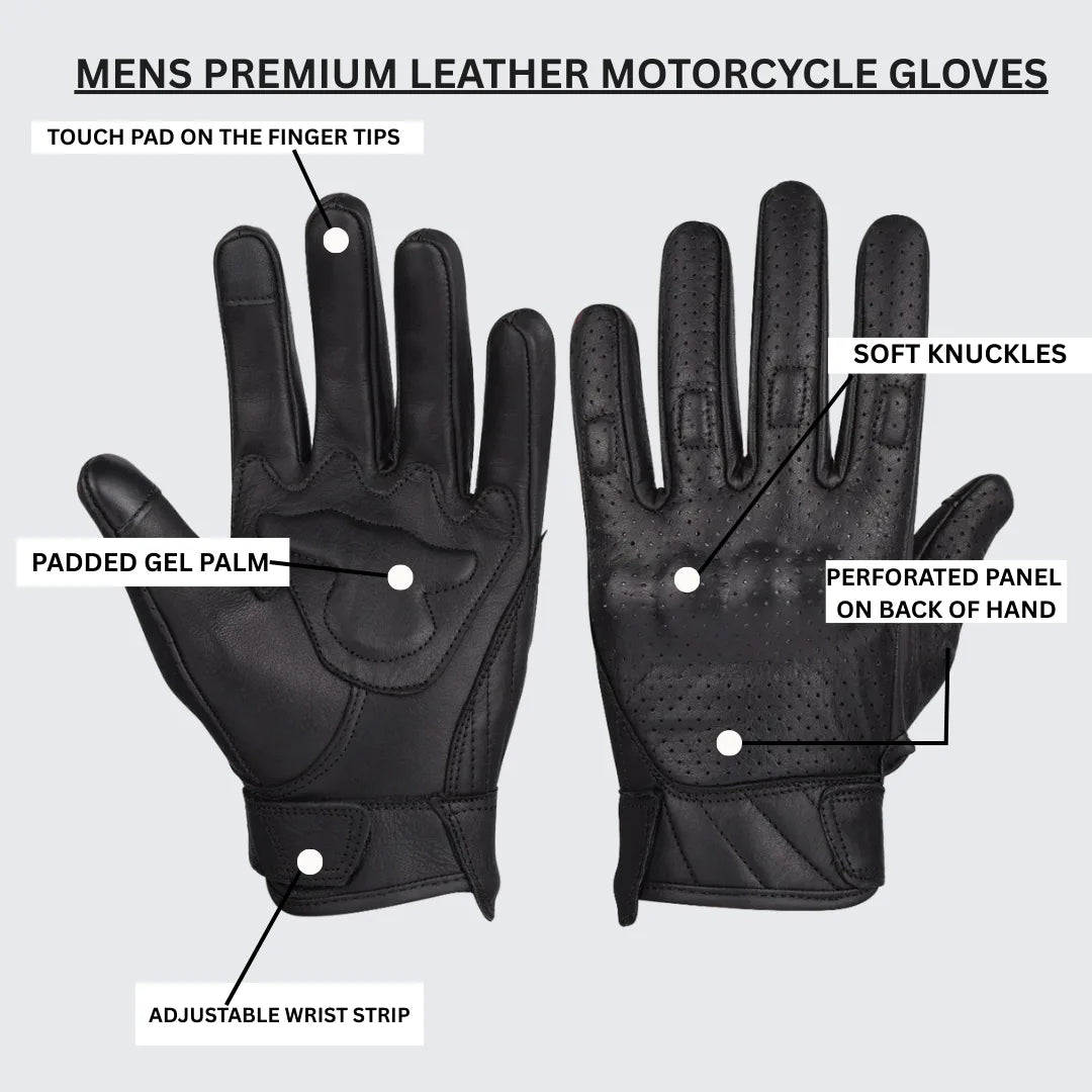 Infographic showing features of men's premium leather perforated motorcycle gloves, highlighting knuckle protection, gel padding, and touchscreen fingertips
