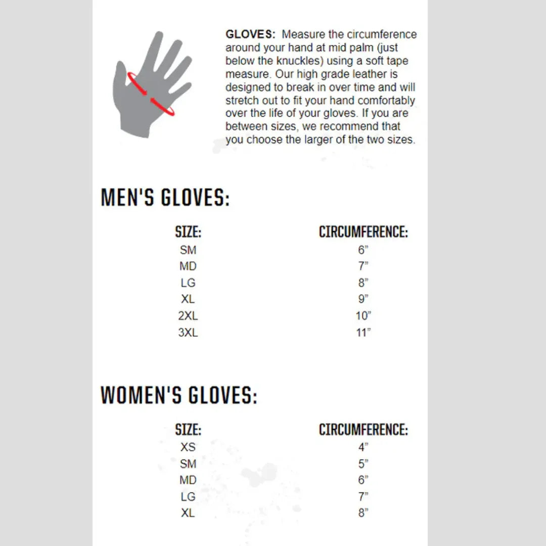 Scorpion EXO Tempest II Motorcycle Gloves size chart for men and women, detailing hand circumference measurements for accurate fit of winter riding gloves