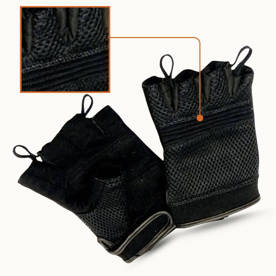 MG VL451 men’s fingerless motorcycle gloves with ventilated mesh back, gel-padded suede palm, and hook-and-loop wrist closure