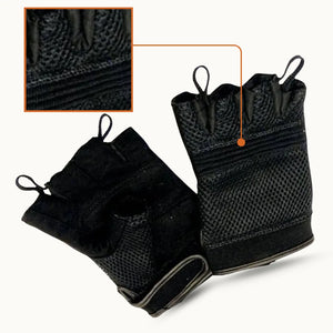 MG VL451 men’s fingerless motorcycle gloves with ventilated mesh back, gel-padded suede palm, and hook-and-loop wrist closure