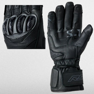RSTMens's S1 CE Waterproof leather Black motorcycle gloves with reinforced knuckle protection and adjustable wrist straps. The material appears durable, suggesting safety and comfort.