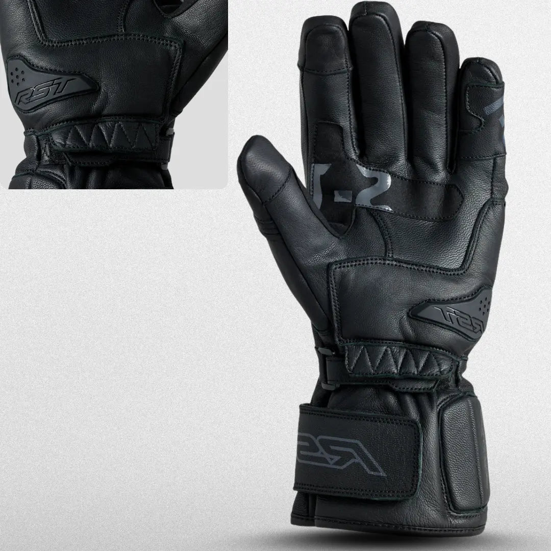 Rst Men's S1 CE Waterproof Sleek black leather motorcycle glove with reinforced knuckles and wrist strap, featuring the RST logo, exuding durability and style in a premium design. Palm Padding lining