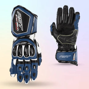 RST TracTech Evo 4 CE Men's Motorcycle Gloves Blue Color Front View & Back View with showing Knuckles plam padding and grip strap