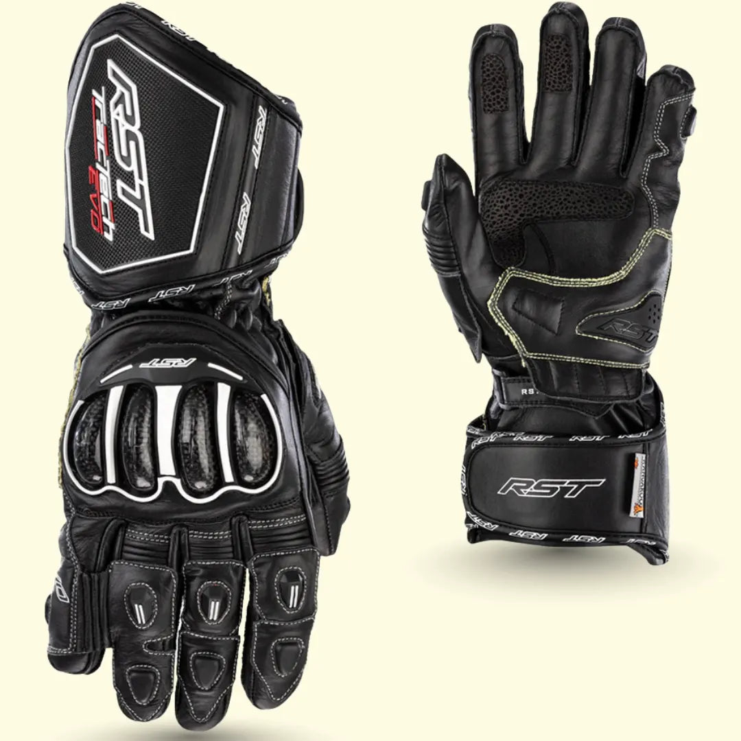 RST TracTech Evo 4 CE Gloves Carbon Knuckle Protector black color front back view with padding stuff