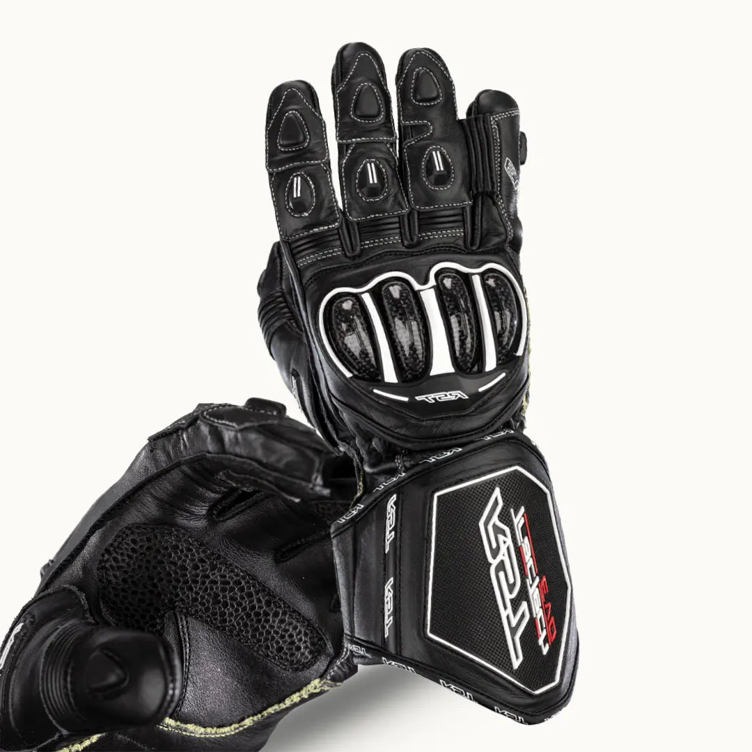 RST TracTech Evo 4 CE Gloves in Black Color front back view with palm padding stuff for comfort and back knuckles safety for riders