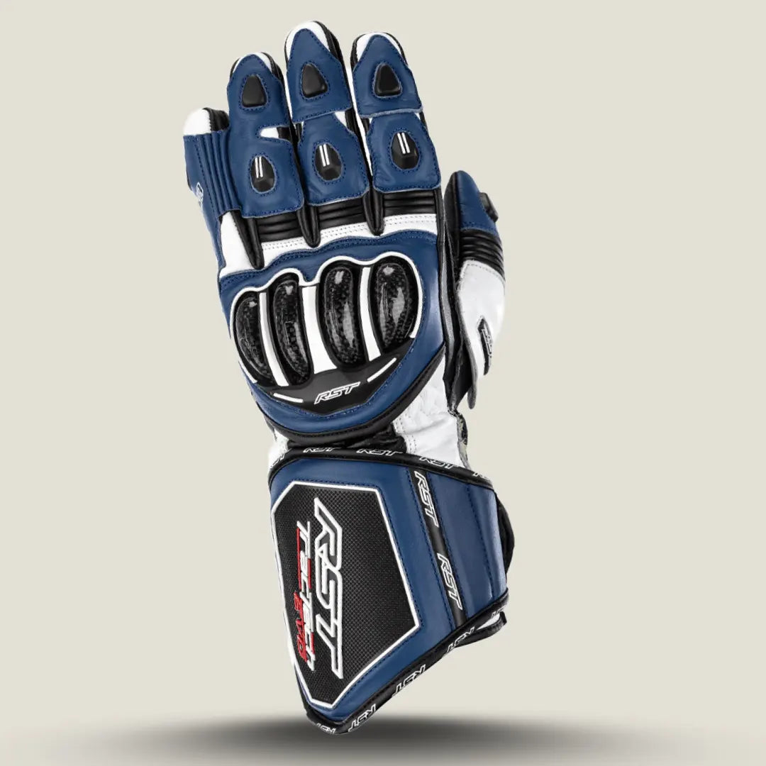 RST TracTech Evo 4 CE Gloves in Blue Color back view with black knuckles combination of blue white and balck 
