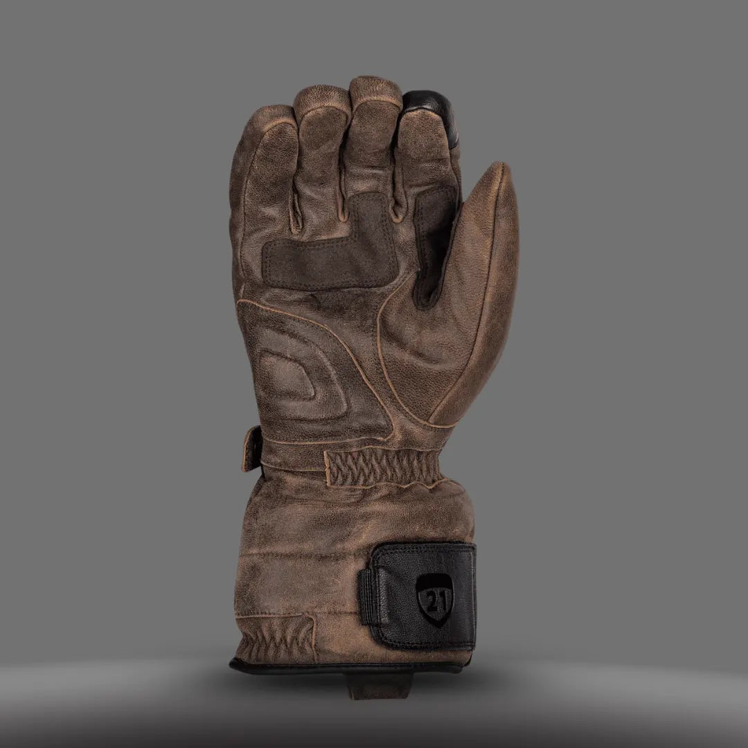 Highway 21 7V Brown Radiant Heated Motorcycle Gloves with battery pack Front View palm padding extra gripper and strap view
