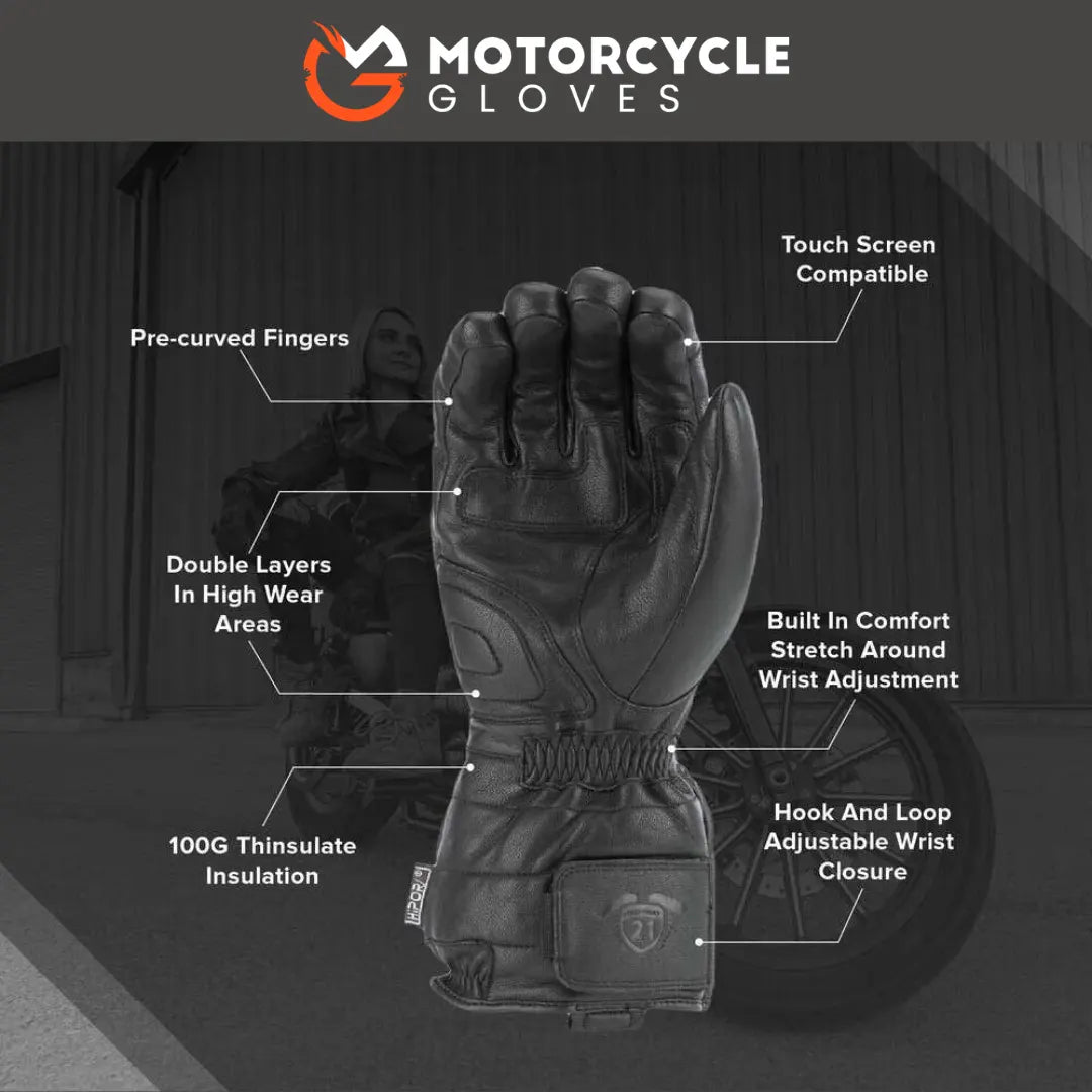 A black motorcycle glove shown with callouts detailing its features: Pre-curved Fingers, Touch Screen Compatible, Double Layers In High Wear Areas, Built In Comfort Stretch Around Wrist Adjustment, 100G Thinsulate Insulation, HIPOR, and Hook And Loop Adjustable Wrist Closure. 