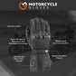  Black Highway 21 motorcycle glove showcasing key features: genuine leather, Hipora windproof/waterproof/breathable technology, molded hard knuckle protection, LED indicator with 3 heat settings, and adjustable wrist fitment.
