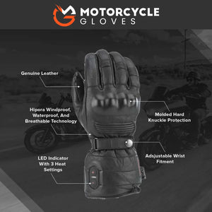  Black Highway 21 motorcycle glove showcasing key features: genuine leather, Hipora windproof/waterproof/breathable technology, molded hard knuckle protection, LED indicator with 3 heat settings, and adjustable wrist fitment.