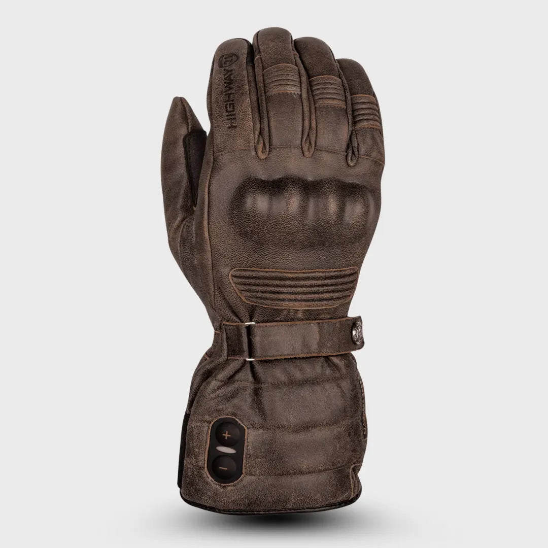 Brown Highway 21 Radiant Heated Motorcycle Glove, featuring a textured leather appearance, knuckle protection, adjustable wrist strap, and power controls for heating elements