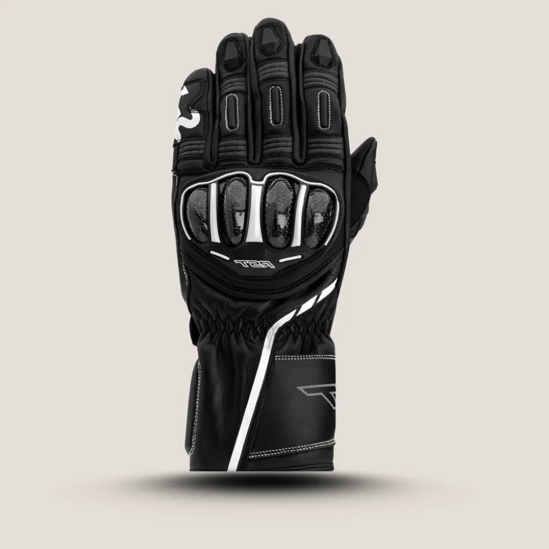 RST Men’s S1 CE Leather Motorcycle Gloves in white and black – palm view with grip padding and knuckles