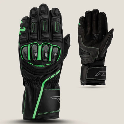 RST Men’s S1 CE Leather Motorcycle Gloves in green and black – close-up of cuff and wrist strap