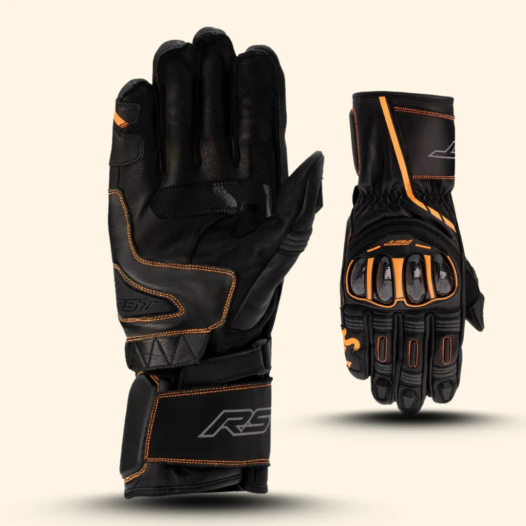 RST Men’s S1 CE Leather Motorcycle Gloves in white and black – palm view with grip padding front and back view 