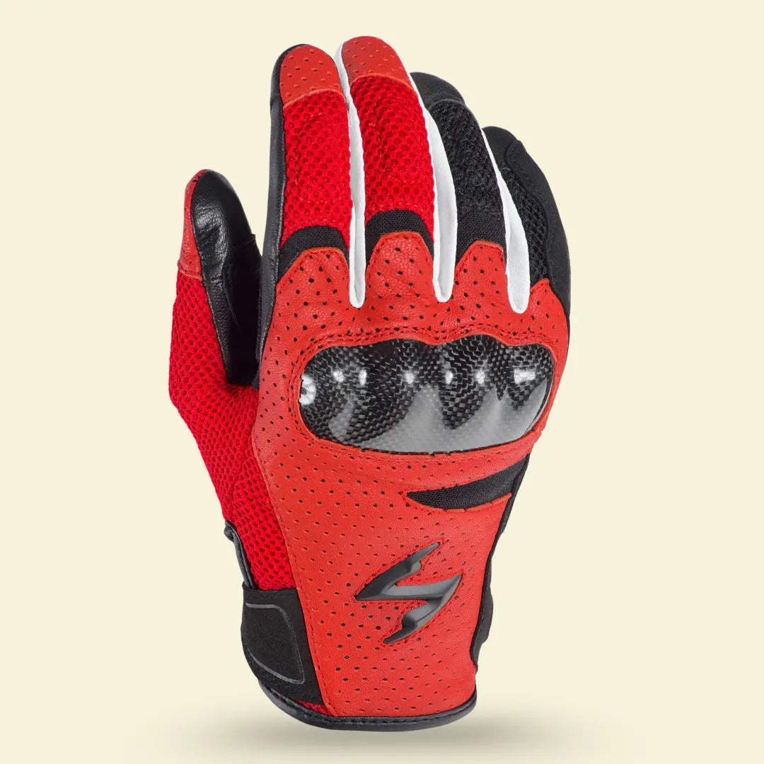 Close-up of red Scorpion EXO Vortex Air glove palm reinforcement with embossed grip pattern and knucles