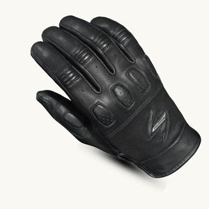  Women's black leather motorcycle glove by Scorpion EXO, highlighted with a distinctive blue dot for enhanced visibility.
