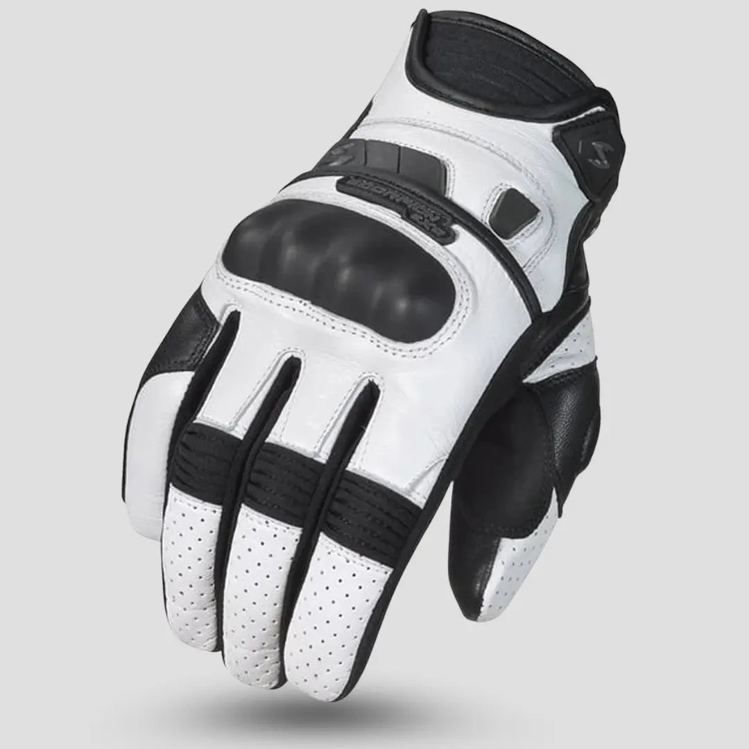  Black and white Scorpion Women’s Klaw II Leather Motorcycle Gloves showcased, highlighting their stylish design.
