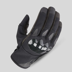 Pair of Icon Stormhawk CE black motorcycle gloves, showing knuckle armor and textured grip palm, waterproof for all-weather protection