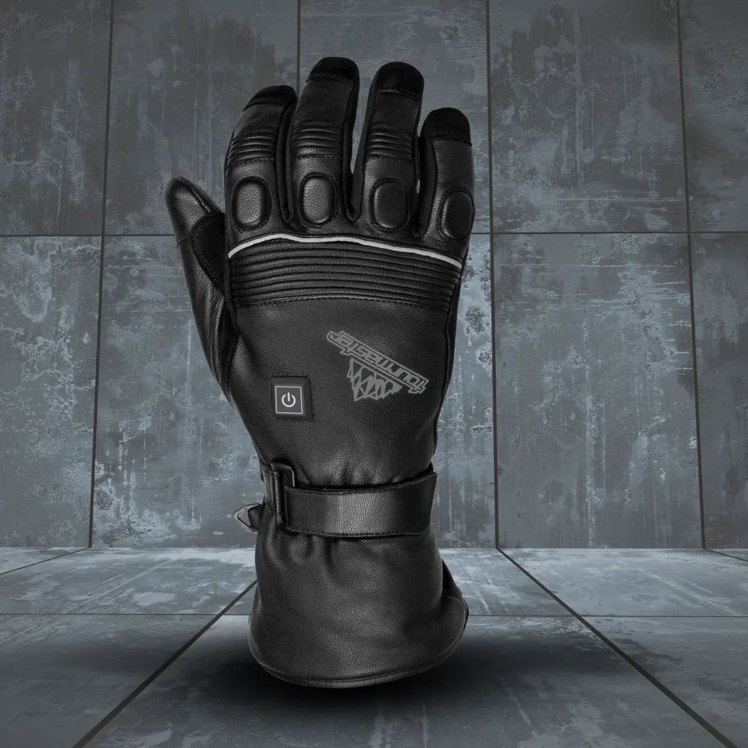 Pair of Tour Master Synergy Pro Plus 12V heated motorcycle gloves displayed upright