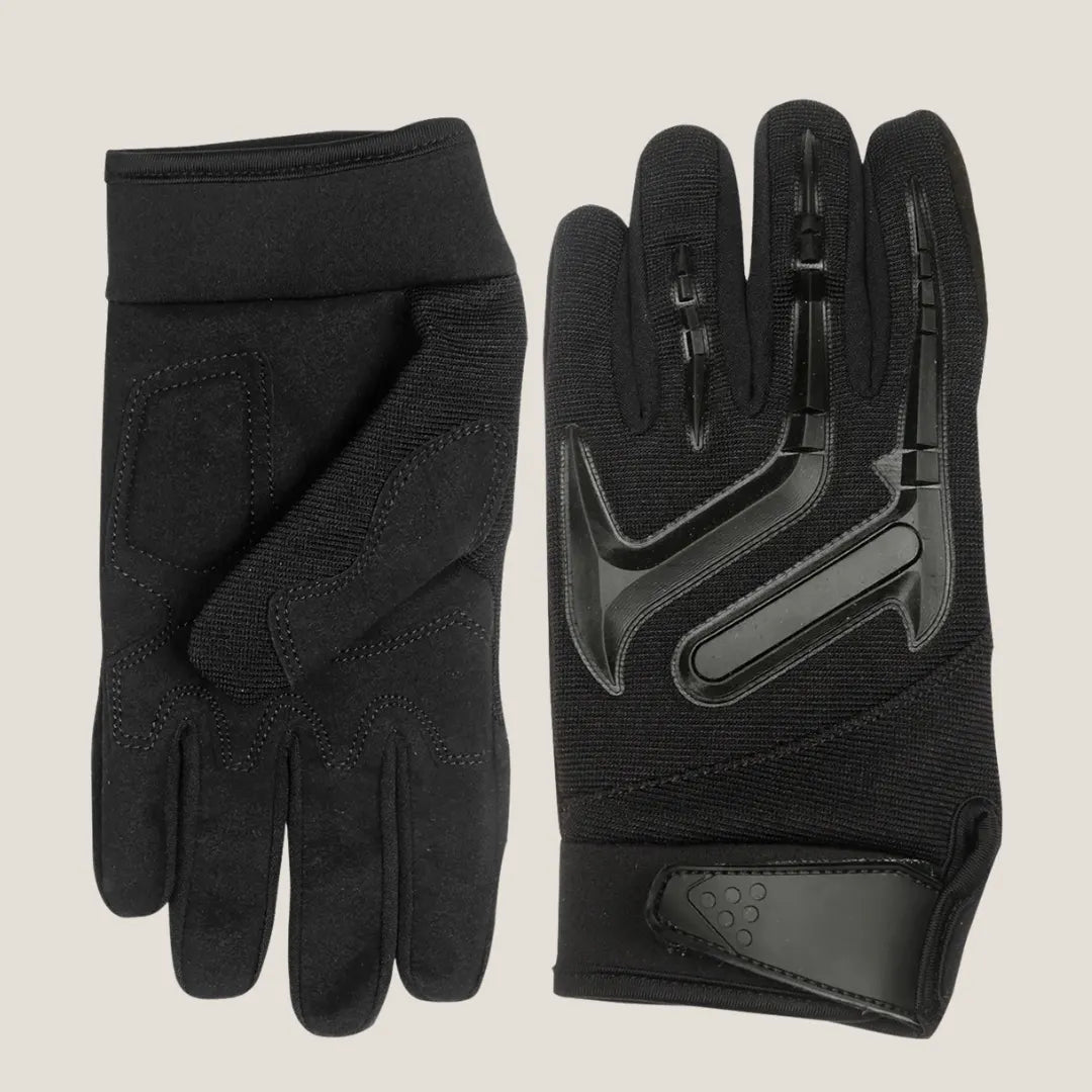 Black textile motorcycle gloves with high-density palm padding for enhanced comfort and protection, designed for men.