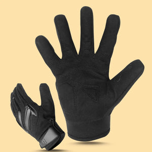 Black textile motorcycle gloves worn on hand, showcasing high-density palm padding for improved comfort during rides