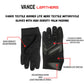 Infographic showing features of Vance Textile Burner Lite men's motorcycle gloves, including high-density palm padding, adjustable wrist strap, and breathable textile material.