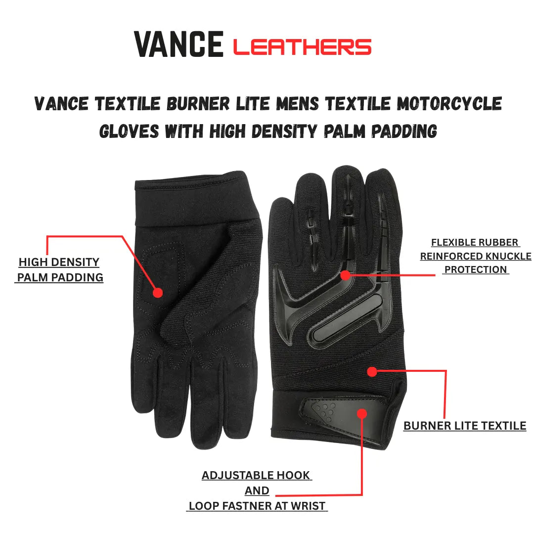 Infographic showing features of Vance Textile Burner Lite men's motorcycle gloves, including high-density palm padding, adjustable wrist strap, and breathable textile material.