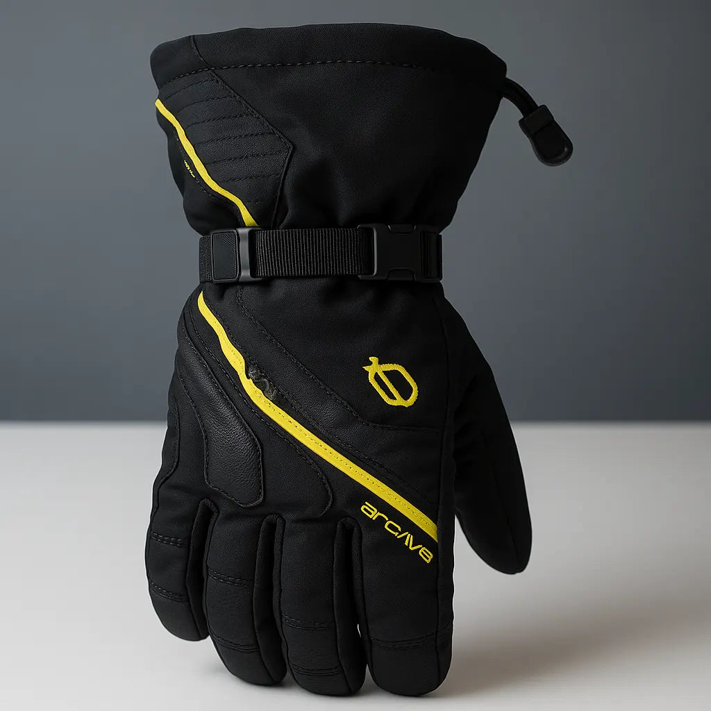 RST Men’s S1 CE Leather Motorcycle Gloves in Black with Neon-yellow Accents — Upside-down back view highlighting floating carbon knuckle armor and stitched protective lines