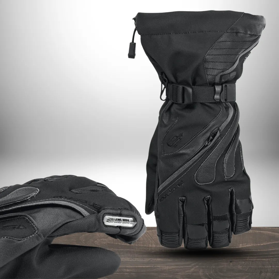 RST Men’s S1 CE Leather Motorcycle Gloves in Full Black — upside-down back view showcasing extended cuff protection and textured wrist gripper design