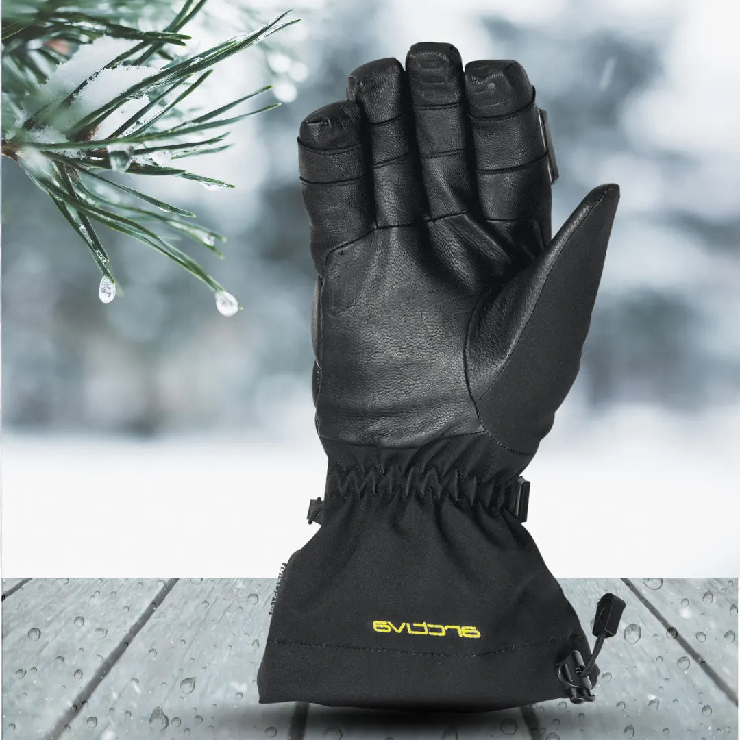 RST Men’s S1 CE Leather Motorcycle Gloves in Full Black — front palm view showing reinforced grip, extended cuff, wrist gripper, and layered finger protection