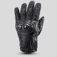 "Rear view of Tour Master Horizon Line Trailbreak glove in black goatskin leather featuring accordion stretch panels and Superfabric palm slider."
