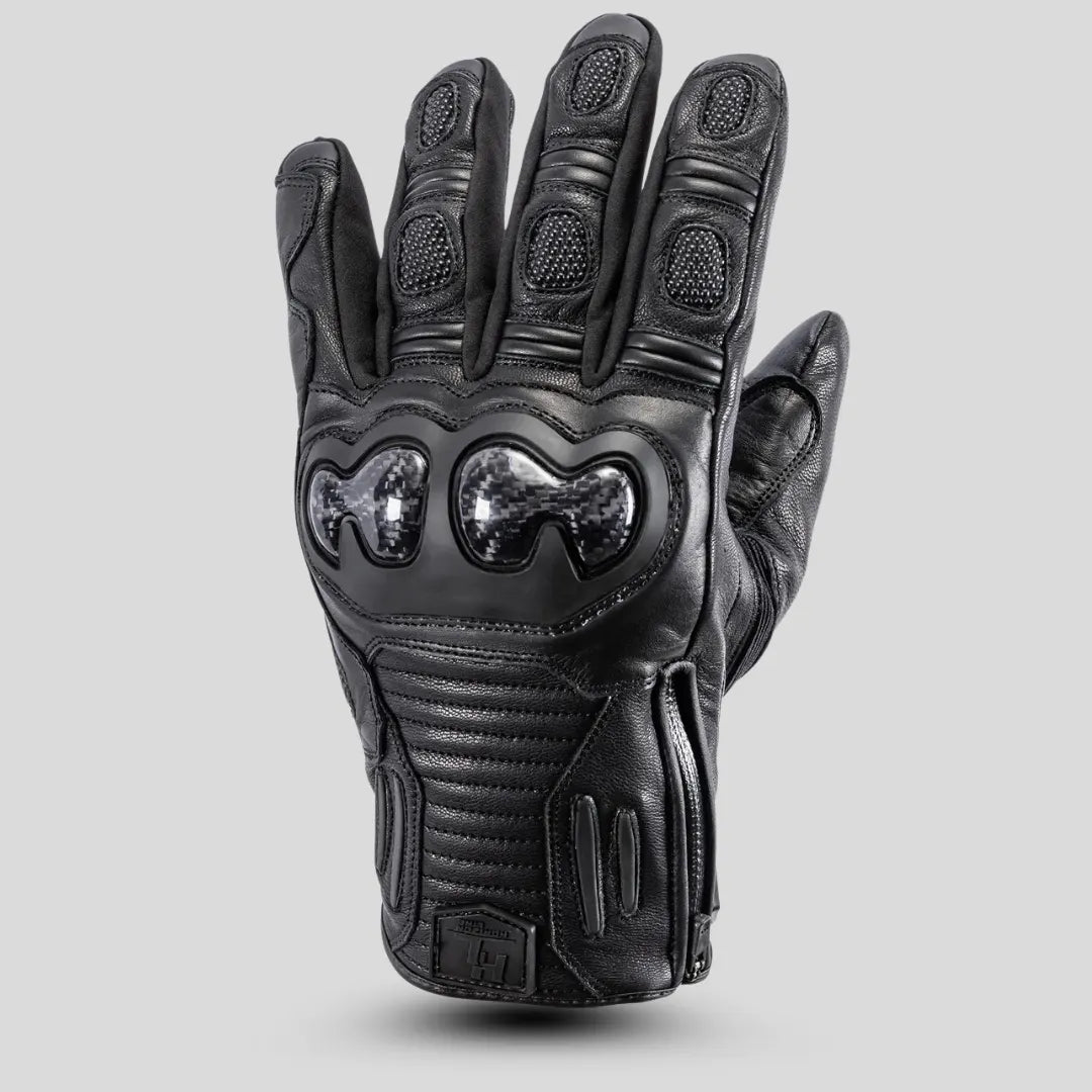 "Rear view of Tour Master Horizon Line Trailbreak glove in black goatskin leather featuring accordion stretch panels and Superfabric palm slider."