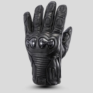 "Rear view of Tour Master Horizon Line Trailbreak glove in black goatskin leather featuring accordion stretch panels and Superfabric palm slider."