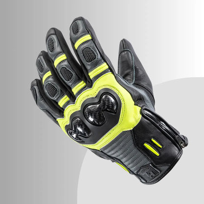 "Back view of hi-vis yellow and black Tour Master Horizon Line Trailbreak glove with goatskin leather, reflective accents, and reinforced knuckle armor."